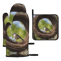 Birds Nest Oven Mitts and Pot Holders Sets, 3-Piece Set, Heat Resistant Oven Mittcooking, BBQ