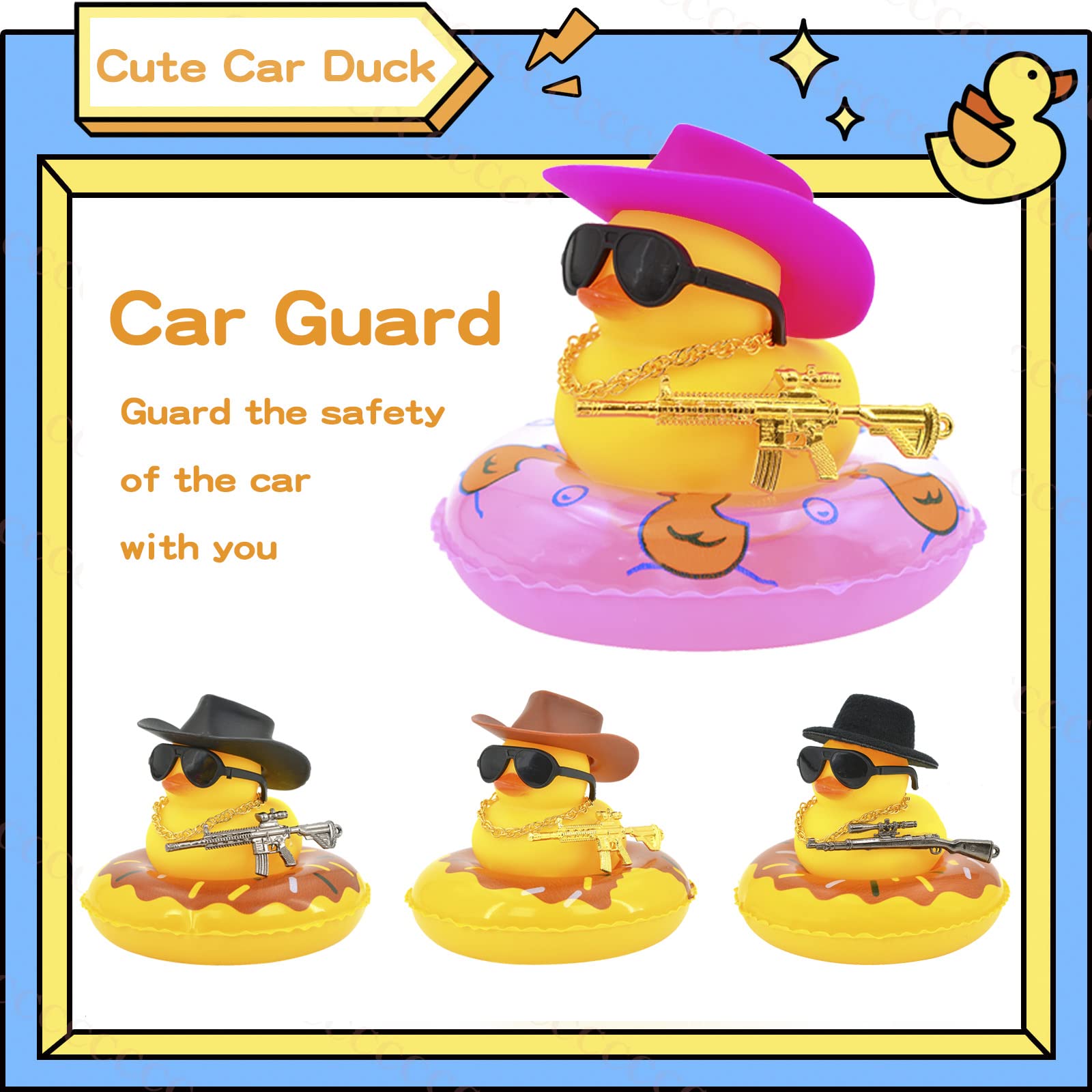 Car Duck Decoration Dashboard - Rubber Duck Toy Car Ornament, Car Accessories Duck with Mini Sun Hat Swim Ring Necklace and Sunglasses for Party Favors, Birthdays, Bath Time, Blue Sun Hat