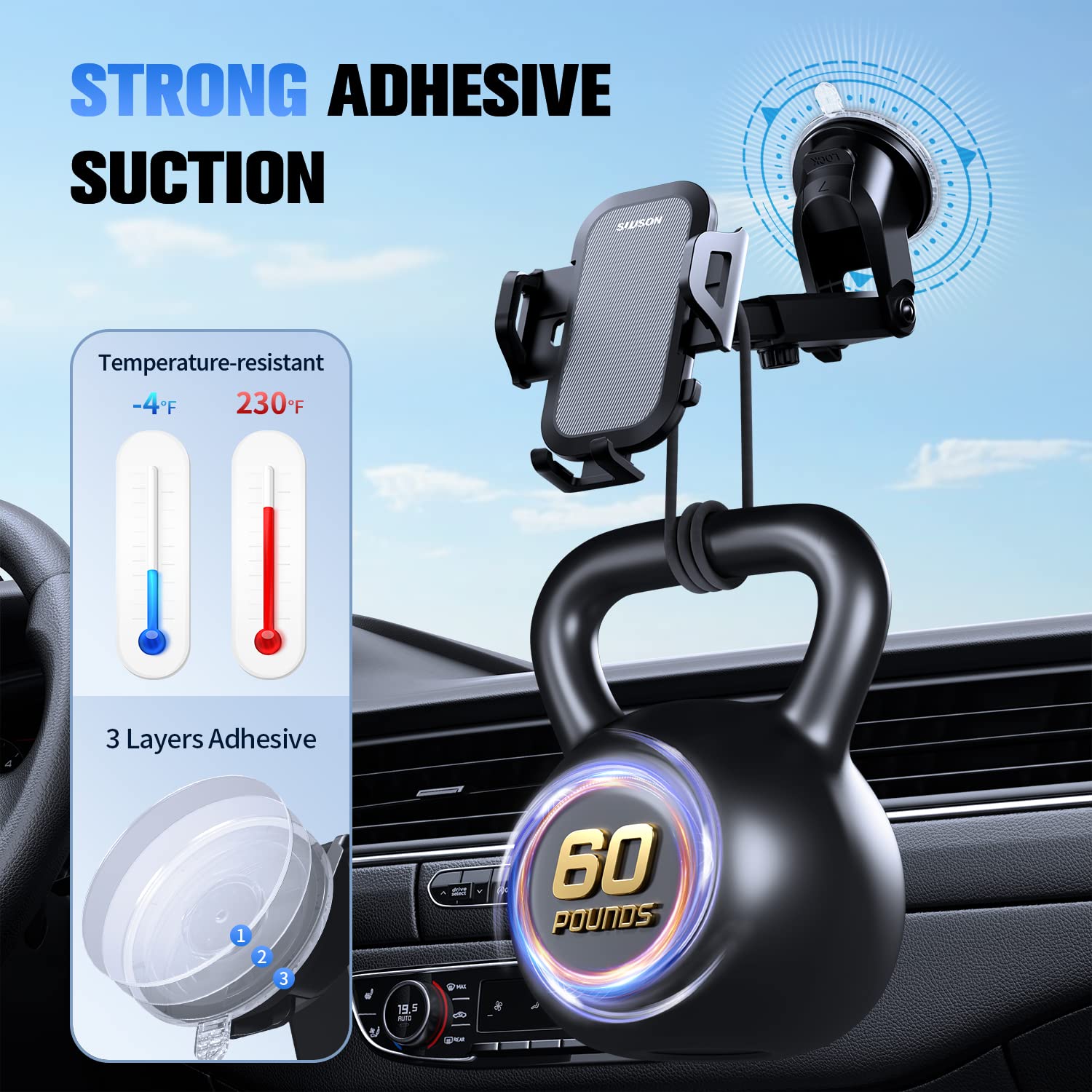 SUUSON Car Phone Holder Mount【Upgraded】-【Bumpy Roads Friendly】 Phone Mount for Car Dashboard Windshield Air Vent 3 in 1,Hand Free Mount for iPhone 14 13 12 Pro Max Samsung All Cell Phones (Gray)
