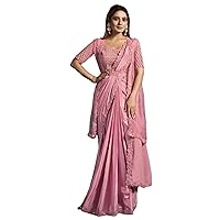 Pink Indian Satin Silk Embellished Blouse One Minute Sari & Fancy Shrug Ready To Wear Saree 2304…