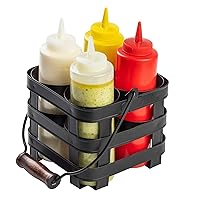 Tablecraft Forge Collection Condiment Caddy, Galvanized Black Steel Table Caddy with Mango Wood Handles, Rectangular Condiment Holder for (4) 63mm Bottles, Ideal for Professional Chefs and Restaurants