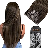 Full Shine Hair Extensions Real Human Hair Clip ins #2/8/2 Seamless Clip in Human Hair Extensions 16 Inch 8 Pcs 120 Grams+One Long Hair Extension Storage Bag With Hair Extension Hanger