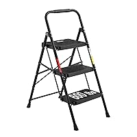 BONTEC 3-Step Ladder, Folding Step Stool with Wide Anti-Slip Pedals, Max Load Capacity 600lbs Sturdy Steel Ladder, Convenient Handgrip, Lightweight Portable Step Stool for Adults, Black