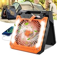 20000mAh Solar Battery Operated Fan for Camping, 3 Speeds Folding Timable Rechargeable Desk Fan with LED & SOS Strobe Light, Hangable USB Charger Port Camping Fan Power Bank for Home Office Travel