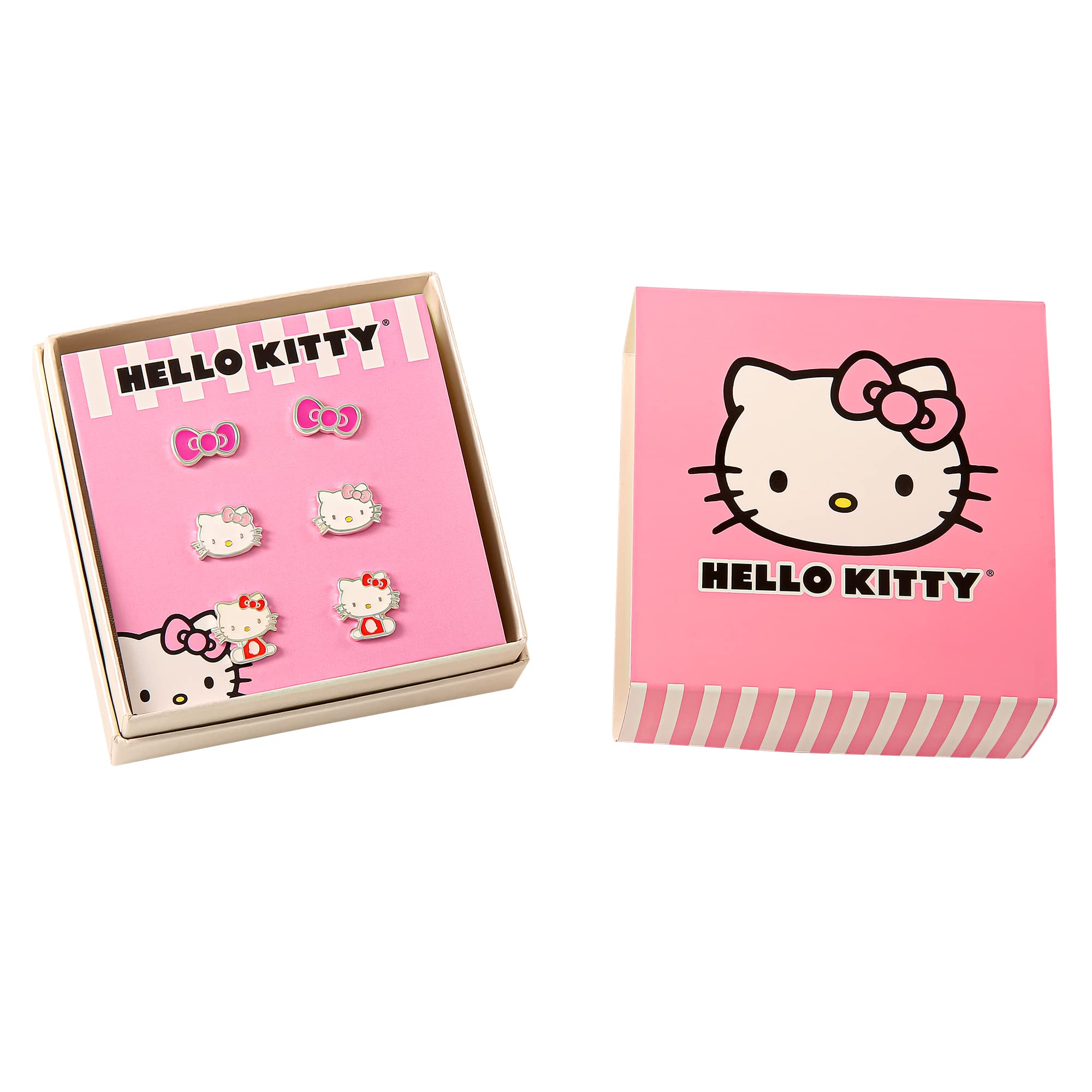 Sanrio Hello Kitty Stud Earrings Set 3-Piece - Silver Plated and Enamel Hello Kitty Earrings Officially Licensed