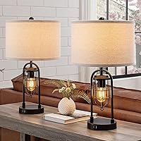 Set of 2 Farmhouse Table Lamps with USB Ports and Night Light Modern Nightstand Lamp Set of 2 for Living Room Bedroom（Bulbs Included）