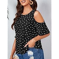 Women's Tops Sexy Tops for Women Shirts Confetti Heart Print Cold Shoulder Keyhole Back Blouse Shirts for Women (Color : Black, Size : Medium)
