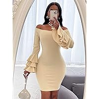 Dresses for Women Women's Dress Off Shoulder Layered Sleeve Bodycon Dress Dresses (Color : Apricot, Size : X-Small)