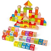 100Pcs Wooden Building Blocks Set- Wood Stacker Stacking Blocks Game Toys for Toddlers , Multiple Shapes, Numbers Blocks and ABC Alphabets Blocks- Baby Wooden Blocks for Kids Learning and Playing
