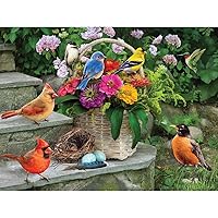 Bits and Pieces - 300 Piece Jigsaw Puzzle for Adults - Birds On The Porch Steps - 300 pc Large Piece Flowers Jigsaw by Greg Giordano - 18