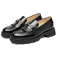 Journey West Genuine Leather Slip on Dress Shoes for Women Tassel Chunky Loafers for Women