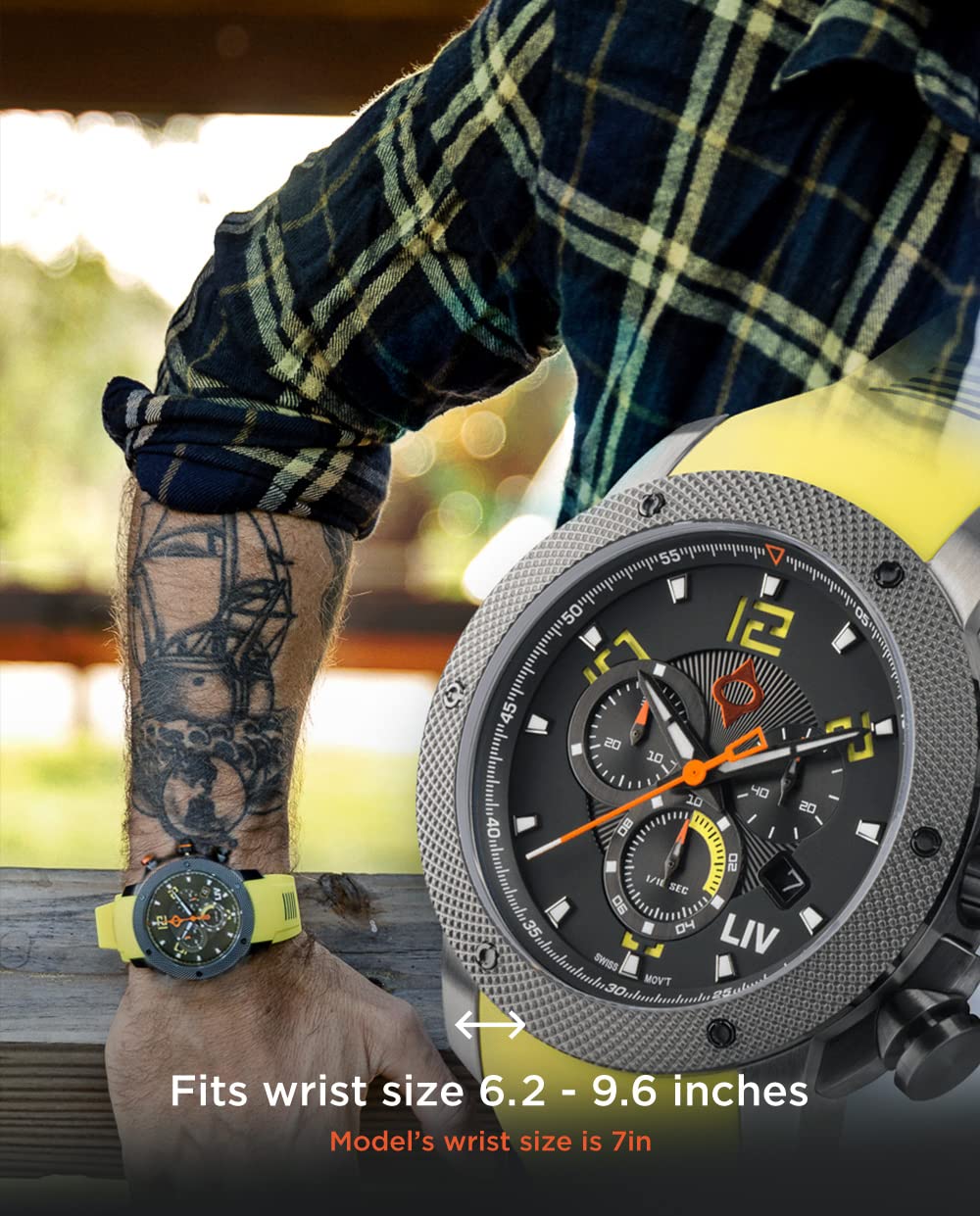 LIV GX1 Swiss Made Chronograph 45mm 316L SS Case, 3D Multi-Layer w/Quickset Date - Rugged Classic Watch for Men- Scratch Resistant Sapphire Crystal - 660 Feet Water Resistant - BGW9 Swiss Luminova