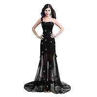 Women's One Shoulder Lace Applique Evening Dress Black Mermaid Evening Dress with Train A013