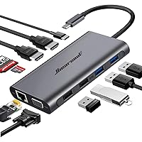 Hiearcool USB C Hub,USB-C Laptop Docking Station,11 in 1 Triple Display Type C Adapter Compatible for MacBook and Windows(2HDMI VGA PD3.0 SD TF Card Reader Gigabit Ethernet 4USB Ports)