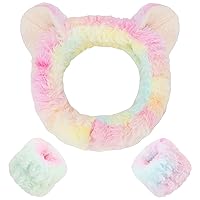 WHAVEL 3PCS Spa Headband and Wristband Set, Cute Cat Ears Headband for Washing Face Makeup Headband Face Wash Headband Wrist Bands(Multi-color 01)