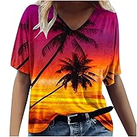 Sunset Palm Tree Shirts for Women Hawaiian Summer T-Shirt Vintage Short Sleeve V Neck Tees Vacation Beach Tops