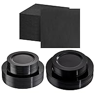 FLOWERCAT 100-Count 2-Ply Black Cocktail Napkins and 160PCS Black Plastic Plates for Bar,Weddings,Birthday
