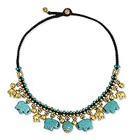 NOVICA Artisan Handmade Waterfall Necklace Crafted with Brass Blue Calcite Elephants Turquoise Gold Tone Brown Thailand Animal Themed 'Blue Elephant Charm'
