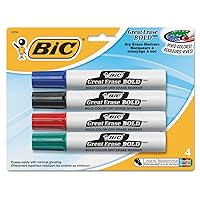 BIC DECP41-Ast Great Erase BOLD Dry Erase Marker, Tank Style, Chisel Tip, Assorted Colors, 4-Count