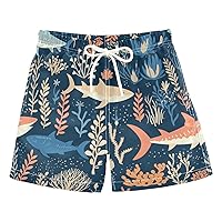 ALAZA Sharks Corals Blue Boy’s Swim Trunk Quick Dry Beach Shorts Swimsuit Bathing Suit Swimwear