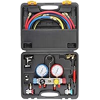 Orion Motor Tech 4 Way AC Diagnostic Manifold Gauge Set, Fits R134A R410A and R22 Refrigerants, with 5FT Hose, 3 Tank Adapters, Adjustable Couplers and Can Tap