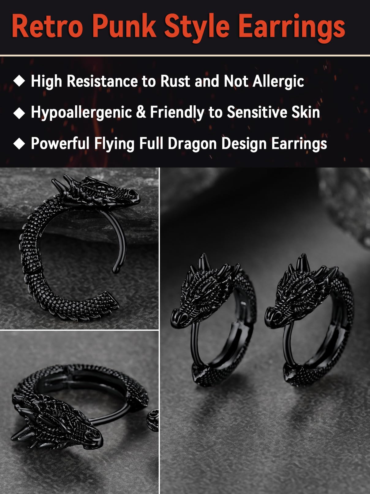 FaithHeart Dragon/Dinosaur/Snake Hoop Earrings for Men, Sturdy Stainless Steel Punk Biker Animals Hypoallergenic Jewelry, Gift Box