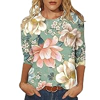 Women's Casual 3/4 Sleeve T-Shirts Round Neck Cute Tunic Tops Floral Printed Basic Tees Blouses Loose Fit Pullover
