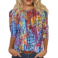 3/4 Length Sleeve Womens Tops Womens Spring Fashion 2024 Loose Crewneck T Shirts for Women Floral Print Shirts for Women