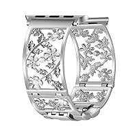 Floral Band Compatible with Apple Watch Jewelry Band 38mm 40mm 41mm iWatch Bands Series 9 8 7 SE,Bling Crystal Bracelet Hollow Metal Cuff Dressy,Fashion Women Girls Wristband(38/40/41mm Silver)