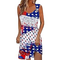 Flag Dresses 4th of July Dress for Women America Flag Print Sexy Vintage Fashion with Sleeveless Round Neck Splice Dresses Royal Blue Medium