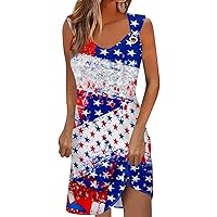 Women's 4Th of July Outfits Summer Casual Dress Printed Sleeveless Hollow Round Neck Loose Beach Dresses, S-3XL