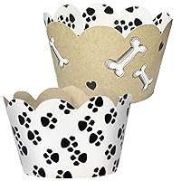 Paw Print Cupcake Wrappers - Puppy Love Heart Theme, I Woof You, Mother's Day, Rescue Patrol Birthday Decorations, Animal Pals Dog Bone Pet Party Treat Wraps - Dessert Skirtz 24 Count