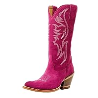 Women Pink Cowboy Boots Mid Calf Cowgirl Boots Sky Blue Western Boots Embroidered Suede Boots Pull On Almond Toe Chunky Heel Boots