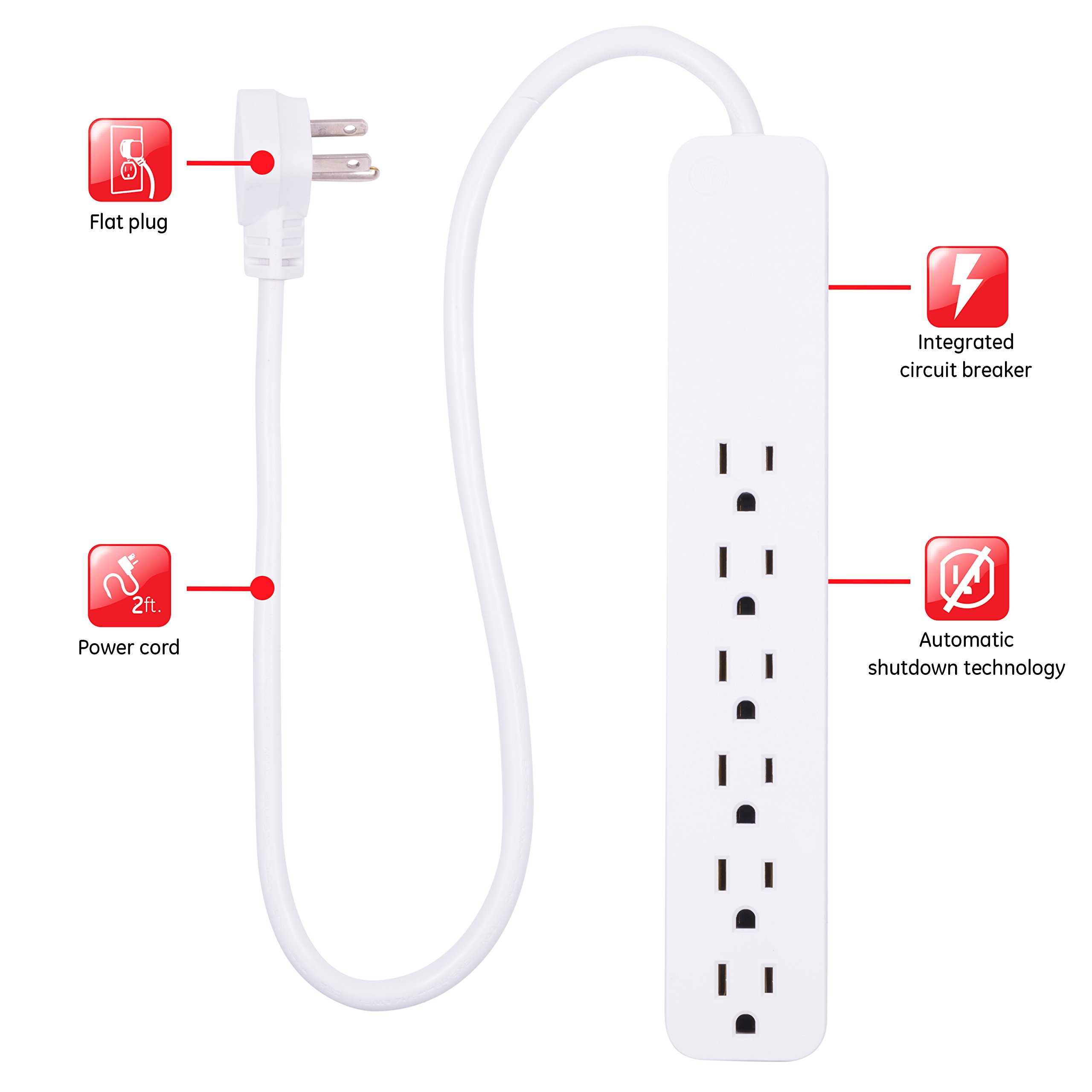 GE Pro 6-Outlet Surge Protector 2 Pack, 2 Ft Extension Cord, White, 46867 & 6-Outlet Surge Protector, 4 Ft Extension Cord, Power Strip, 800 Joules, Flat Plug, Twist-to-Close Safety Covers, White