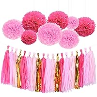 28Ct Hot Pink Gold Tissue Hanging Paper Decorations Kit Flamingo Wedding Favors Fuchsia Tissue Paper Pom-Poms Balls Tassel Hangings Garlands Baby Shower Party Decorations