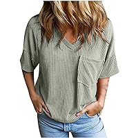Summer Tops for Women 2024 Fashion Short Sleeve Shirts Oversized Knitted Tops Sexy Casual V Neck Blouses with Pockets