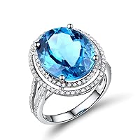KnSam Wedding Bands Women, 18K White Gold Luxury Elegance 4 Prong Oval Cut Blue Topaz 8.9ct and 0.512ct Diamond Silver