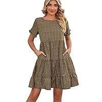 Women's 2023 Casual Summer Crew Dress Square Neck Short Sleeve Tiered Ruffle Boho Swing Women Dresses with Pockets