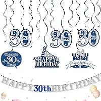 Happy 30th Birthday Blue Decorations Set,12Pcs 30th Birthday Blue Glitter Swirls Streamers,Happy 30th Birthday Bunting Banner,Cheers to Thirty Years Old Bday Party Decorations.[Pre-Strung]