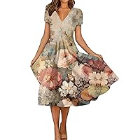 Summer Casual Dresses for Women,Short Sleeve Swing Sundress Floral Print T-Shirt Dress