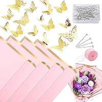 20 Sheets Rose Pink Flower Wrapping Paper, Waterproof Florist Bouquet Packaging Paper with Satin Ribbon,3D Butterflies,Flower Pins, Gold Edge Floral Wrap Paper for Mother's Day DIY Wedding Flower Craft