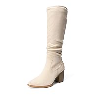 DREAM PAIRS Women's Knee-High Boots, Comfortable Chunky Block Heel Pointed Toe Pull On Side Zipper Suede Slouch Riding Boots