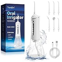 7AM2M Water Dental Flosser Cordless for Teeth,300ML Rechargeable Travel Portable Cleaner,with 6 Jet Tips and 3 Modes,IPX7 Waterproof Water Dental Flosser Picks for Cleaning(White)