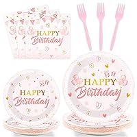 96 Pieces Pink Birthday Tableware Set for Pink Rose Gold Birthday Table Decorations Supplies Birthday Dessert Plates Napkins Forks Women Birthday Disposable Party Favors 24 Guests