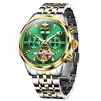 OUPINKE Mens Skeleton Automatic Mechanical Luxury Waterproof Sapphire Glass Wrist Watches for Men (Gold/Blue/Black/Green Dial)