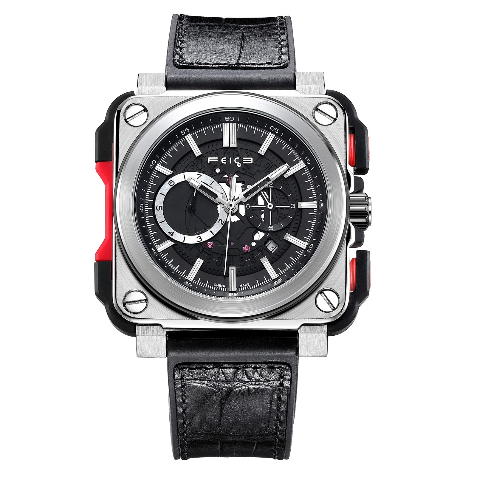 FEICE Men’s Automatic Watch Mechanical Calendar Mens Wristwatch Sport Luminous Clock Watches 10ATM Waterproof Square Wrist Watches Leather Strap FM507