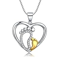 Heart Necklace Pendant 925 Sterling Silver Mother & Baby Feet Chain Women's Cubic Zirconia Gift for Women Girls Mother Exquisite Gift Box