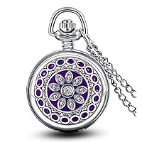 Flower Pendant with Mirror Small Women Quartz Pocket Watch Silver Long Necklace with Gift Bag …