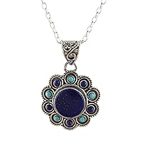 NOVICA Handmade Lapis Lazuli Pendant Necklace Composite Turquoise Flower .925 Sterling Silver Reconstituted India Floral Gemstone Birthstone 'Magical Bloom'
