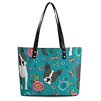 Womens Handbag Boston Terrier Dog Leather Tote Bag Top Handle Satchel Bags For Lady